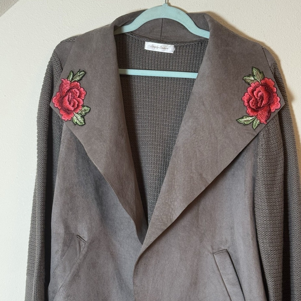 Simply Couture Gray Embroidered Rose Open Front Cardigan Jacket Womens L